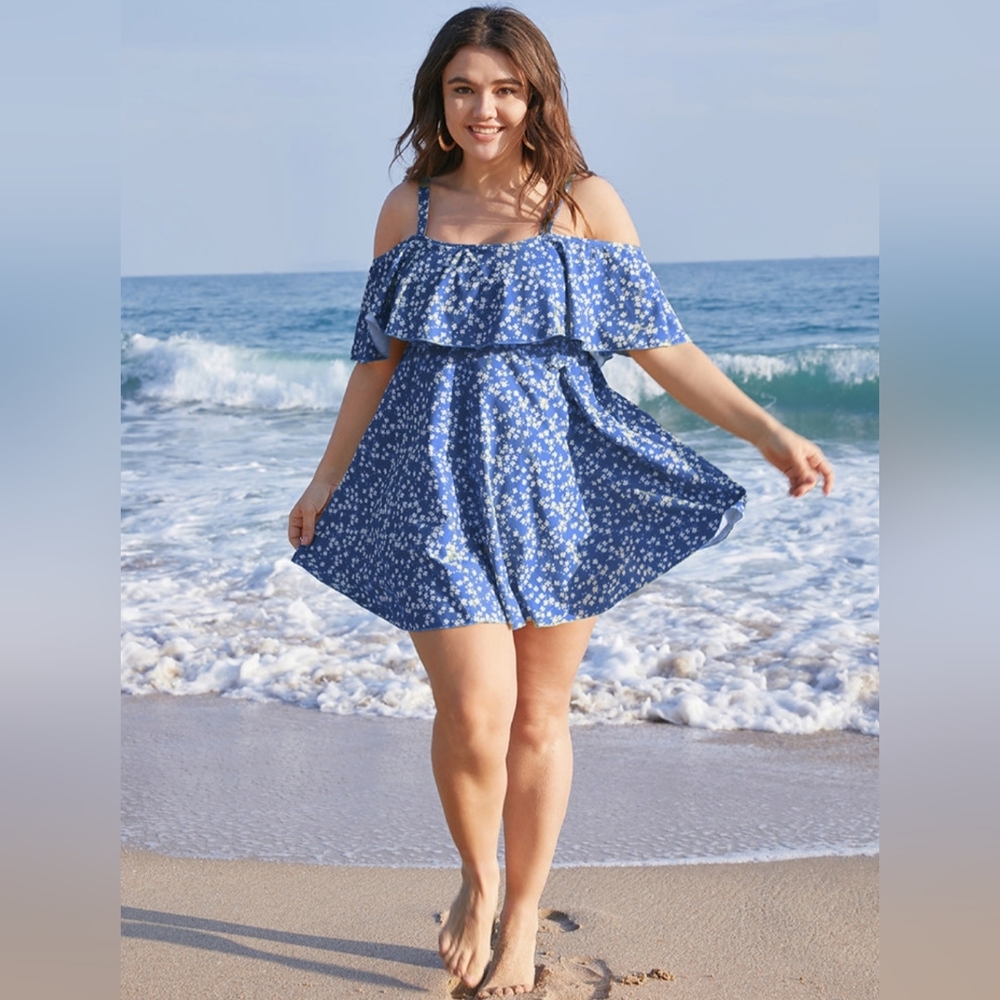 Ditsy Floral Cold Shoulder Sculpt Waist Ruffles Swim Dress
